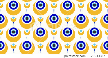 Evil eye Turkish pattern. Greek ornament seamless background with blue beads. Magic nazar amulet. Abstract symbol of luck energy and protection. Mystic ornament with spiritual talismans. Evil eye Turkish pattern. Greek ornament seamless background with blue beads. Magic nazar amulet. Abstract symbol of luck energy and protection. Mystic ornament with spiritual talismans. 129544314