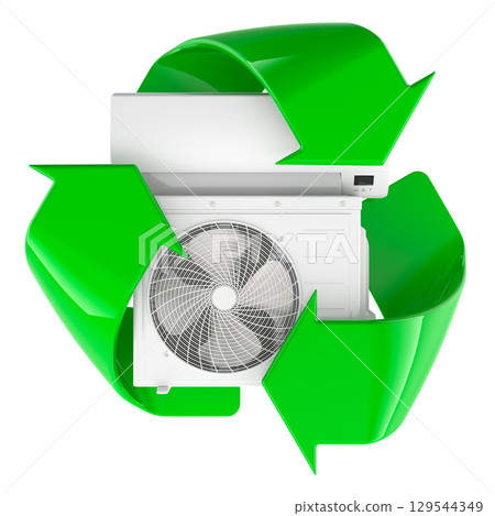 Air conditioner outdoor unit with recycling symbol. 3D rendering 129544349