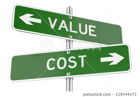 Value and Cost green direction arrows, street signs. 3D rendering 129544371
