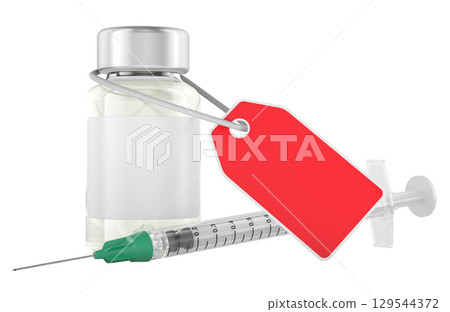 Vial and syringe with red price tag. 3D rendering 129544372