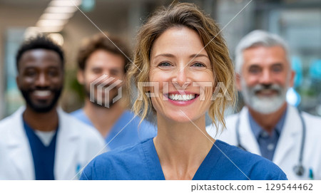 A woman, a doctor, smiling and wearing a medical uniform. In the background are three men in medical gowns. A team of medical professionals. 129544462