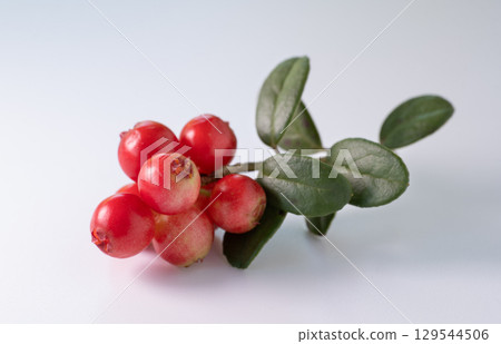Red ripe lingonberry (cowberry) with leaves on white background. Red ripe lingonberry (cowberry) with leaves on white background. 129544506