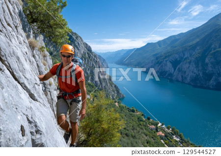 Climber ascending mountain overlooking lake garda, italy 129544527