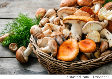 Basket overflowing with fresh wild mushrooms 129544562