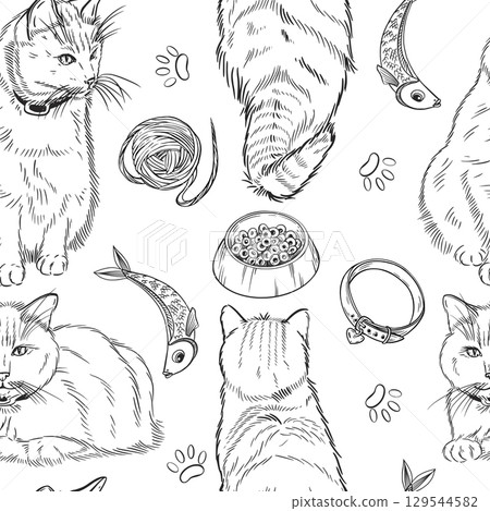 Seamless vector pattern, cats and cats of different breeds, Siamese, striped, food bowls, collars, toys. All objects are hand-drawn with ink. Vector illustration for printing on fabric and paper. 129544582