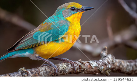 Beautifully colored birds perched on the branches 129544625