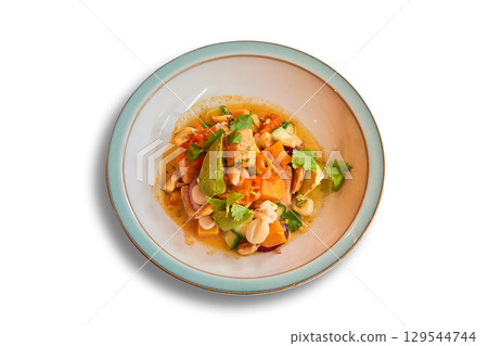 Ceviche salmon avocado in bowl isolated on white Ceviche salmon avocado in bowl isolated on white 129544744