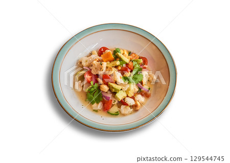 Ceviche spicy Cod in bowl isolated on white Ceviche spicy Cod in bowl isolated on white 129544745