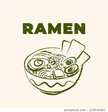 Stylish vector ramen illustration in hand drawn pencil sketch style. Asian Japanese food and cuisine elements for banners, posters, branding, t shirt prints, advertising design 129544801