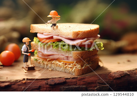 Tiny people building juicy sandwich on the lawn. Funny food concept. Generated AI. Tiny people building juicy sandwich on the lawn. Funny food concept. Generated AI. 129544810