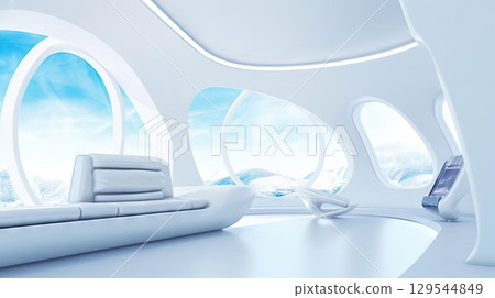 A white room with chairs and a good view. Futuristic business room, for work and meetings. Generated AI 129544849