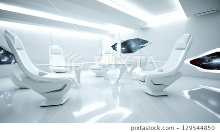 A white room with chairs and a good view. Futuristic business room, for work and meetings. Generated AI 129544850