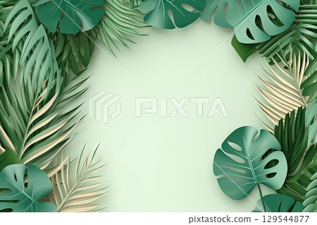 Tropical leaves frame with vibrant colors in 3D style. Generated AI. 129544877
