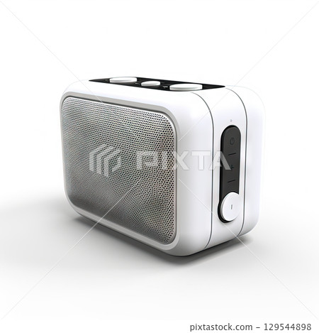 Modern portable speaker on white background. Music loudspeaker or player with wireless technology. Generated AI. 129544898