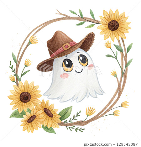 cute ghost wearing a cowboy hat, surrounded by flower floral frame Watercolor PNG White Background 129545087