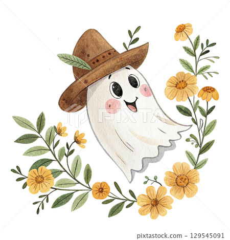 cute ghost wearing a cowboy hat, surrounded by flower floral frame Watercolor PNG White Background 129545091