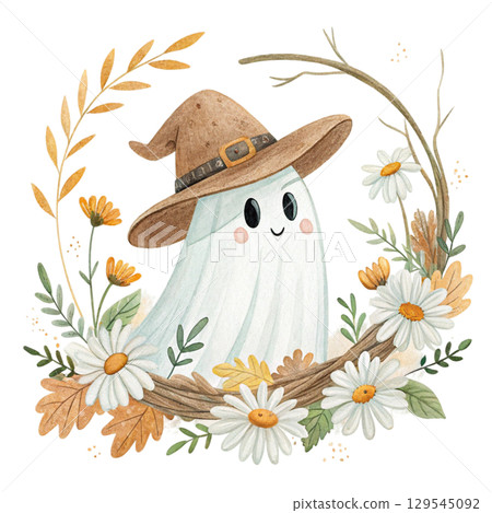 cute ghost wearing a cowboy hat, surrounded by flower floral frame Watercolor PNG White Background cute ghost wearing a cowboy hat, surrounded by flower floral frame Watercolor PNG White Background 129545092