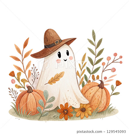 cute ghost wearing a cowboy hat, surrounded by flower floral frame Watercolor PNG White Background cute ghost wearing a cowboy hat, surrounded by flower floral frame Watercolor PNG White Background 129545093