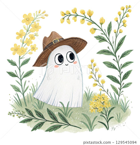 cute ghost wearing a cowboy hat, surrounded by flower floral frame Watercolor PNG White Background 129545094