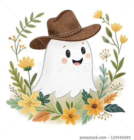 cute ghost wearing a cowboy hat, surrounded by flower floral frame Watercolor PNG White Background 129545095