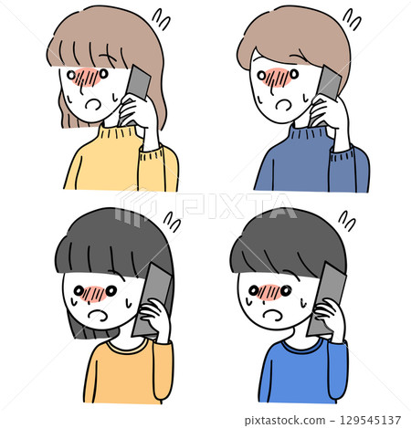 A set of adults and children making a phone call while feeling nervous A set of adults and children making a phone call while feeling nervous 129545137