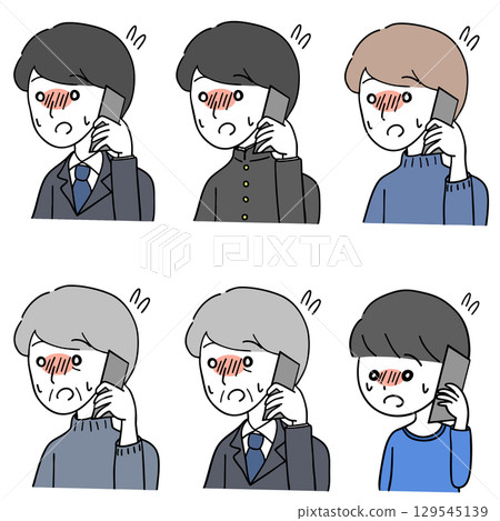 A set of men making phone calls while feeling nervous A set of men making phone calls while feeling nervous 129545139