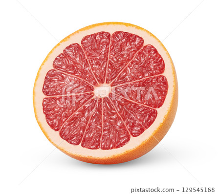 Ripe half of pink grapefruit. Citrus fruit isolated. Pink grapefruit half with clipping path and full depth of field. Ripe half of pink grapefruit. Citrus fruit isolated. Pink grapefruit half with clipping path and full depth of field. 129545168