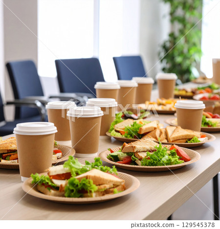 A table lined with sandwiches on paper plates and drinks in paper cups A table lined with sandwiches on paper plates and drinks in paper cups 129545378