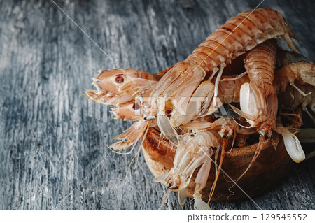 fresh spanish galeras, squilla mantis, in a bowl 129545552