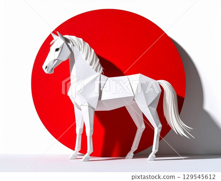 Origami horse, Zodiac sign of the horse, Japanese minimalist New Year's card design 129545612