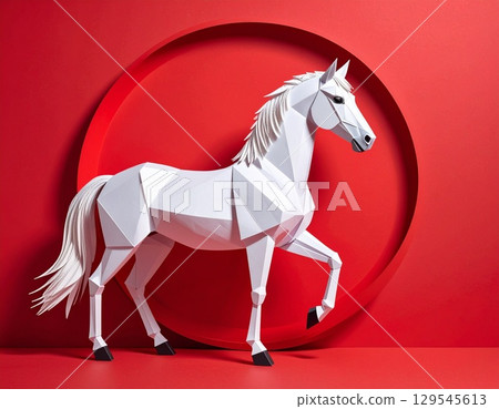 Origami horse, Zodiac sign of the horse, Japanese minimalist New Year's card design 129545613