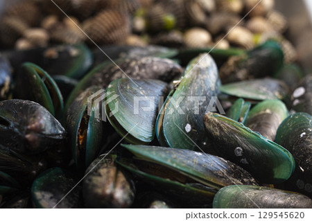 Mussels And Cockles On A Tray, Background for advertising and wallpaper in culture and food scene. 129545620