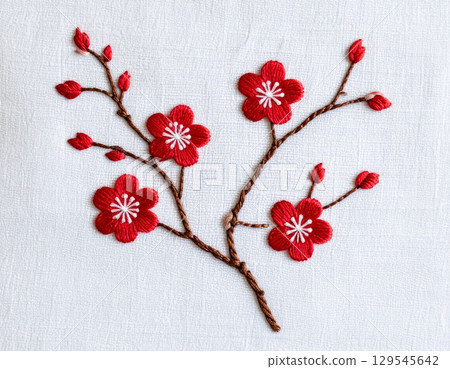 刺繡梅花，日式新年賀卡設計，吉祥插畫，極簡藝術 129545642