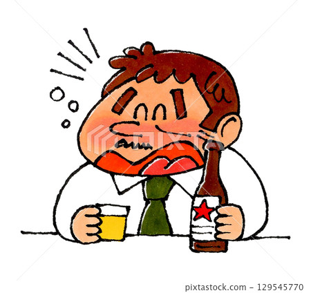 Dad drinking bottled beer happily Dad drinking bottled beer happily 129545770
