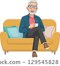 Old man is drinking a cup of coffee and sitting on the sofa 129545828