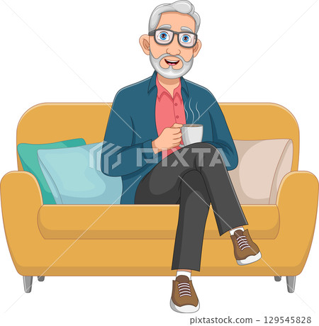 Old man is drinking a cup of coffee and sitting on the sofa Old man is drinking a cup of coffee and sitting on the sofa 129545828
