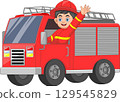 firefighter boy and riding fire truck and waving 129545829