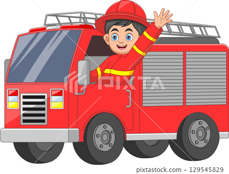 firefighter boy and riding fire truck and waving 129545829