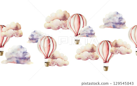 Air clouds seamless border, Air Balloon with basket banner. Watercolor pastel cotton candy. Hand drawn illustration isolated on background. Cartoon night sky. Baby shower design elements. Party Air clouds seamless border, Air Balloon with basket banner. Watercolor pastel cotton candy. Hand drawn illustration isolated on background. Cartoon night sky. Baby shower design elements. Party 129545843