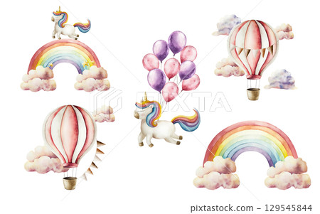 Set with air Balloon, basket and garland with beige flags, rainbow with clouds. Watercolor hand drawn Unicorn with foil red and purple bunch of balloons, summer air clouds isolated on background 129545844