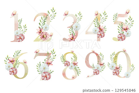 Set of numbers one, two, three, four, five, six, seven, eight, nine, zero with flowers and leaves, butterfly. Watercolor gerbera, chamomile, echinacea. Hand drawn wildflower art isolated on background 129545846