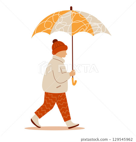 Autumn Child with Umbrella. Seasonal Kids character on white background. Fall time. Vector illustration. Not AI 129545962