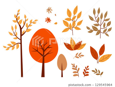 Autumn nature. Colorful Trees, Bushes, Branches and Leaves collection. Isolated Seasonal fall Botanical Elements on White Background. Vector illustration. Not AI Autumn nature. Colorful Trees, Bushes, Branches and Leaves collection. Isolated Seasonal fall Botanical Elements on White Background. Vector illustration. Not AI 129545964