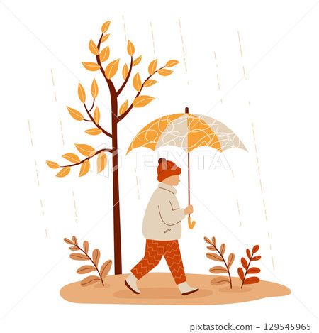 Autumn Child boy with Umbrella Walking in Rain in fall Park. Kids Seasonal Character. Autumnal landscape with yellow tree. Vector illustration. Not AI. 129545965