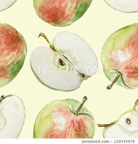 Apples whole and half seamless pattern. Hand drawn watercolor clip art of fresh and juicy fruits. For food and cosmetic packaging design, textiles and paper. Apples whole and half seamless pattern. Hand drawn watercolor clip art of fresh and juicy fruits. For food and cosmetic packaging design, textiles and paper. 129545978