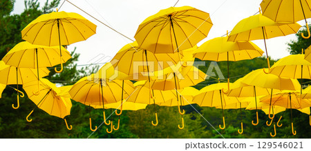 Yellow umbrellas background. Street decoration. Yellow umbrellas background. Street decoration. 129546021