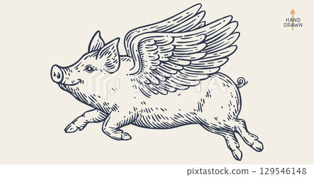 Fly piggly, pig, piglet with wings. Vintage retro pig print, black white fly piggly drawing, piglet with wings, grunge pig old school style. Silhouette angel pig, piglet, piggly. Vector Illustration 129546148