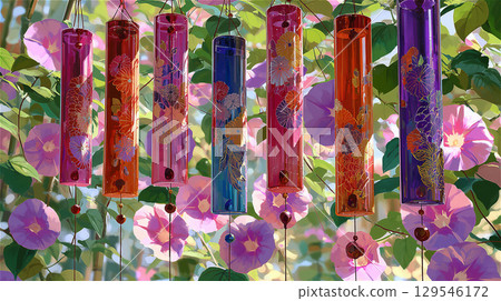在牽牛花的背景下，一排裝飾有金色花紋的彩色圓柱形玻璃風鈴排列著。 129546172