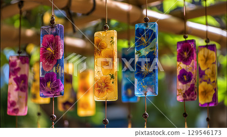 方形玻璃風鈴上掛滿了五彩繽紛的三色堇，在綠色背景下一排排搖曳。 129546173