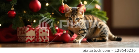 Bengal kitten playing with christmas ornaments under decorated tree 129546236